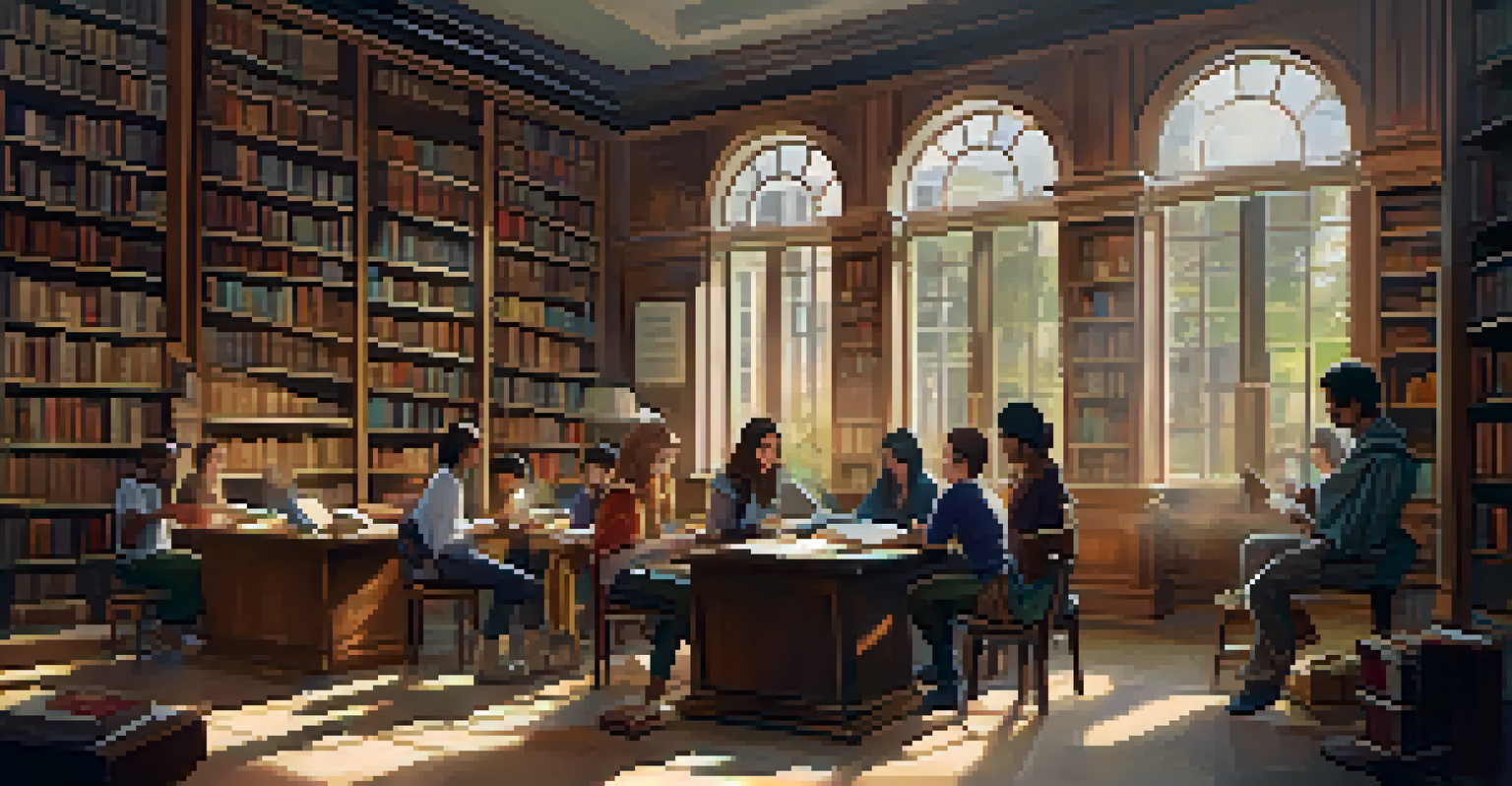 Students in a library participating in a role-playing game based on literature, surrounded by books and props.