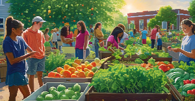 A lively community garden with students planting seeds and tending to vegetables, with sunlight shining down and local residents watching.