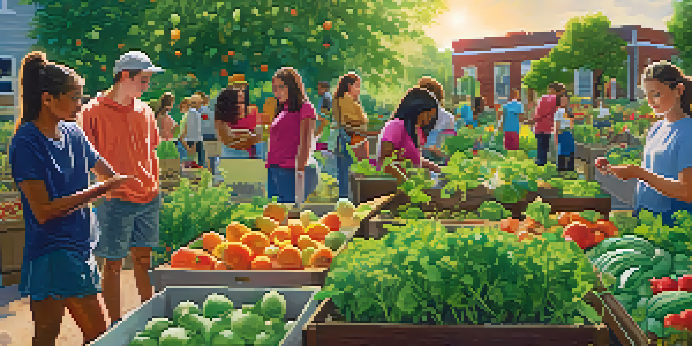 A lively community garden with students planting seeds and tending to vegetables, with sunlight shining down and local residents watching.