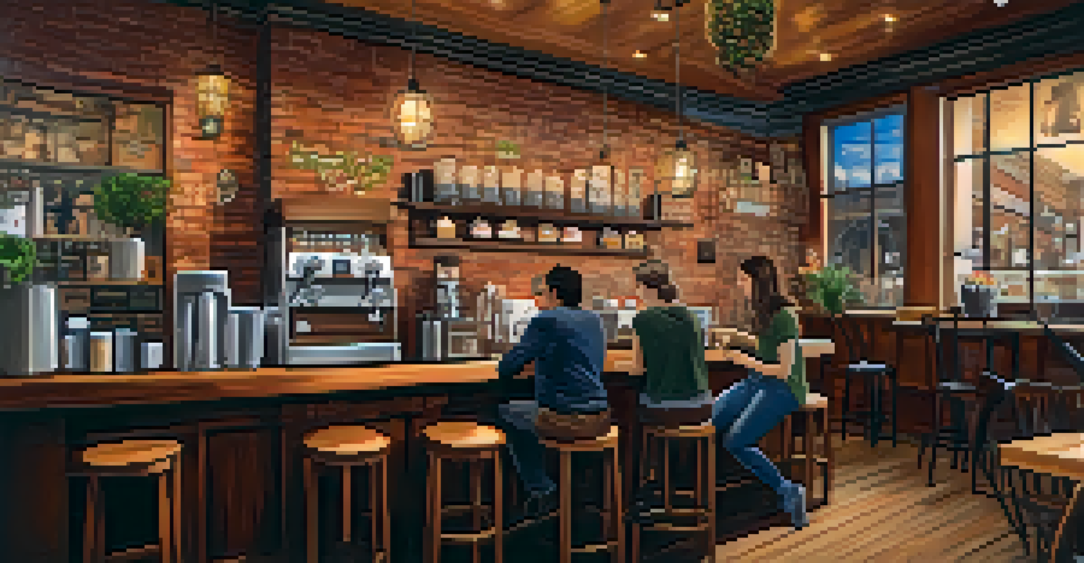 A cozy coffee shop interior with a barista serving coffee, community artwork on the walls, and customers engaged in conversation.