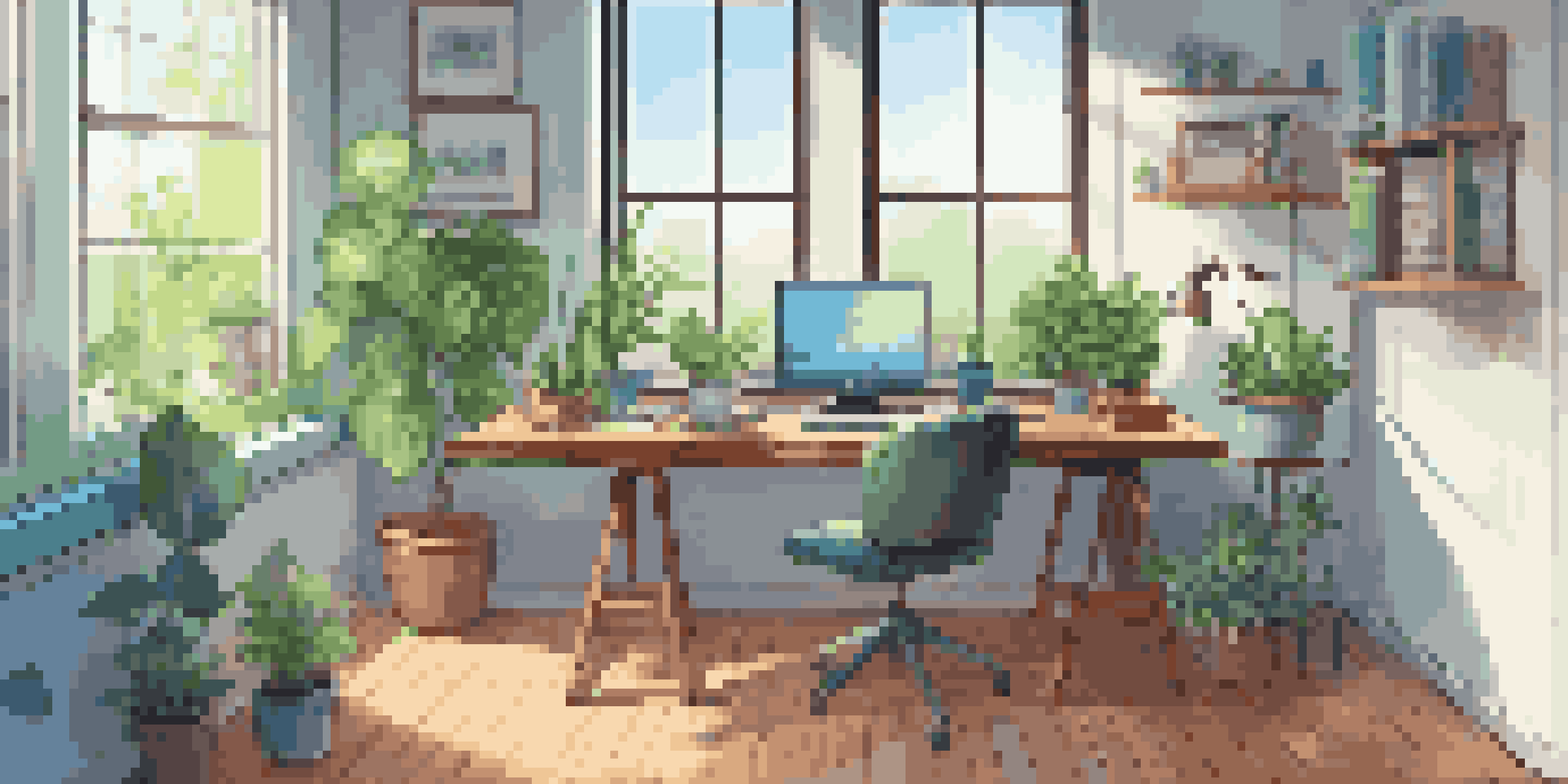A bright workspace with a computer, a desk plant, and an open notebook, emphasizing a modern and inviting learning environment.