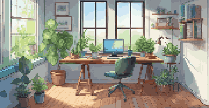 A bright workspace with a computer, a desk plant, and an open notebook, emphasizing a modern and inviting learning environment.