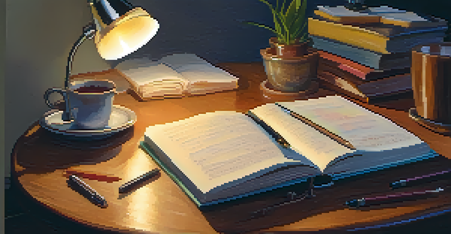 A hand writing in a journal, surrounded by books and a cup of tea, under the warm light of a desk lamp.