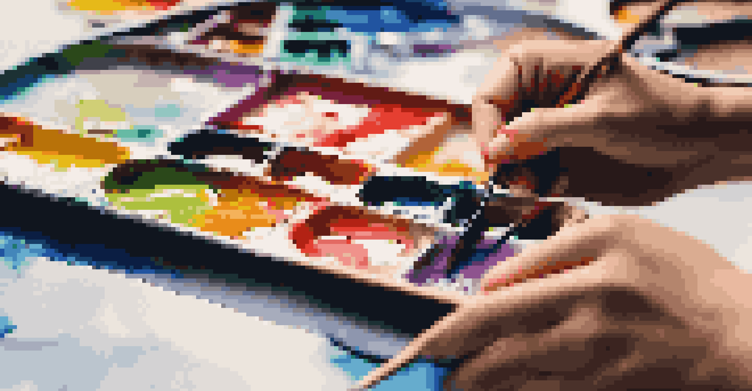 Close-up of a student's hands painting on a canvas with bright colors and a palette nearby, in a softly blurred background.