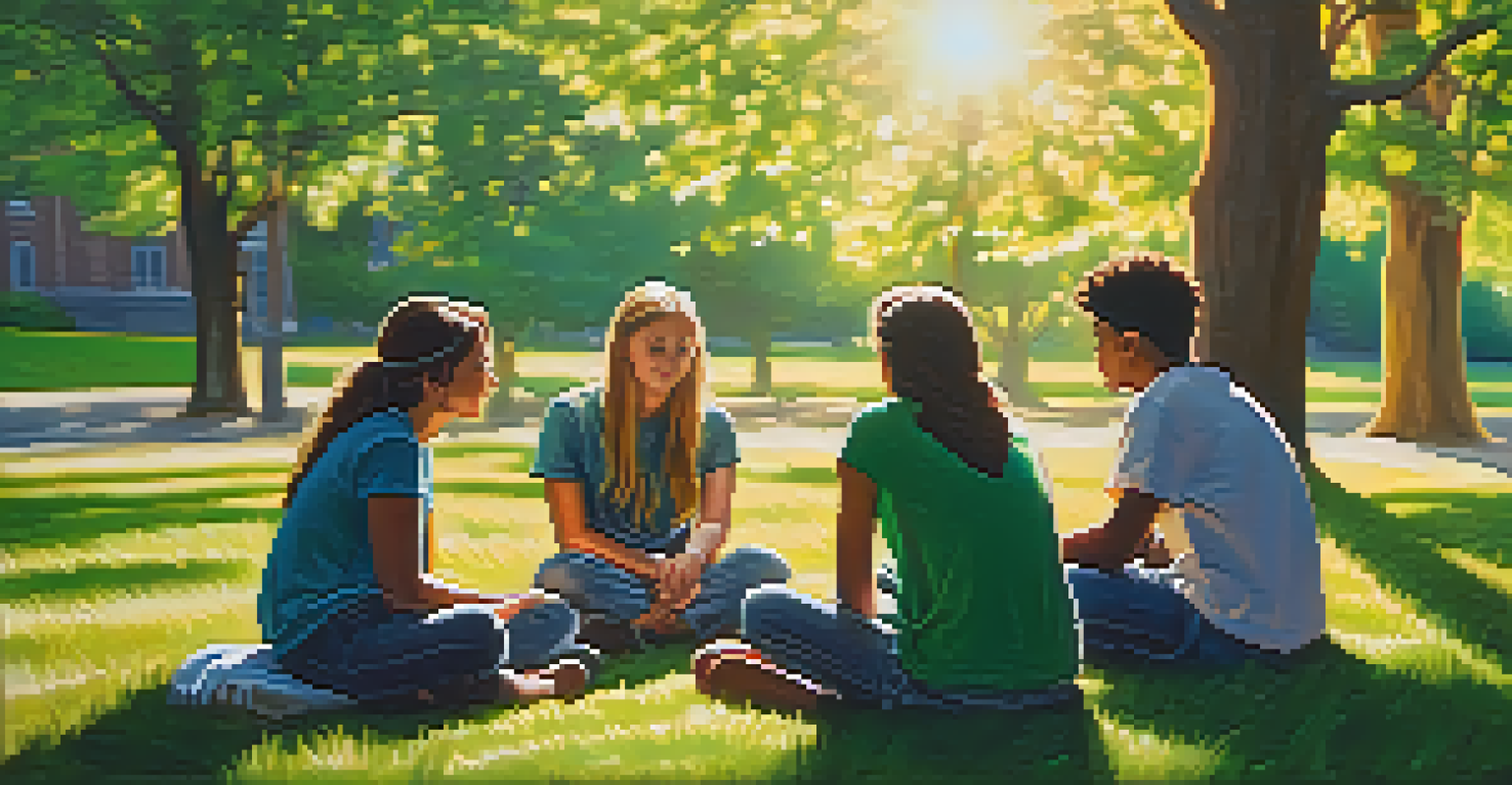 Students sitting in a circle on the grass, sharing thoughts in a supportive outdoor environment, with sunlight filtering through trees.