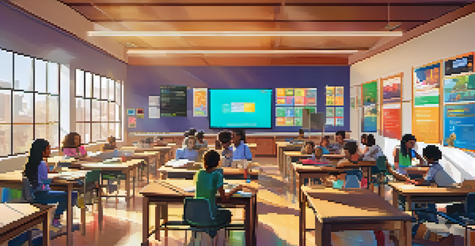 A bright classroom with students actively participating in a gamified learning activity, showcasing collaboration and technology.