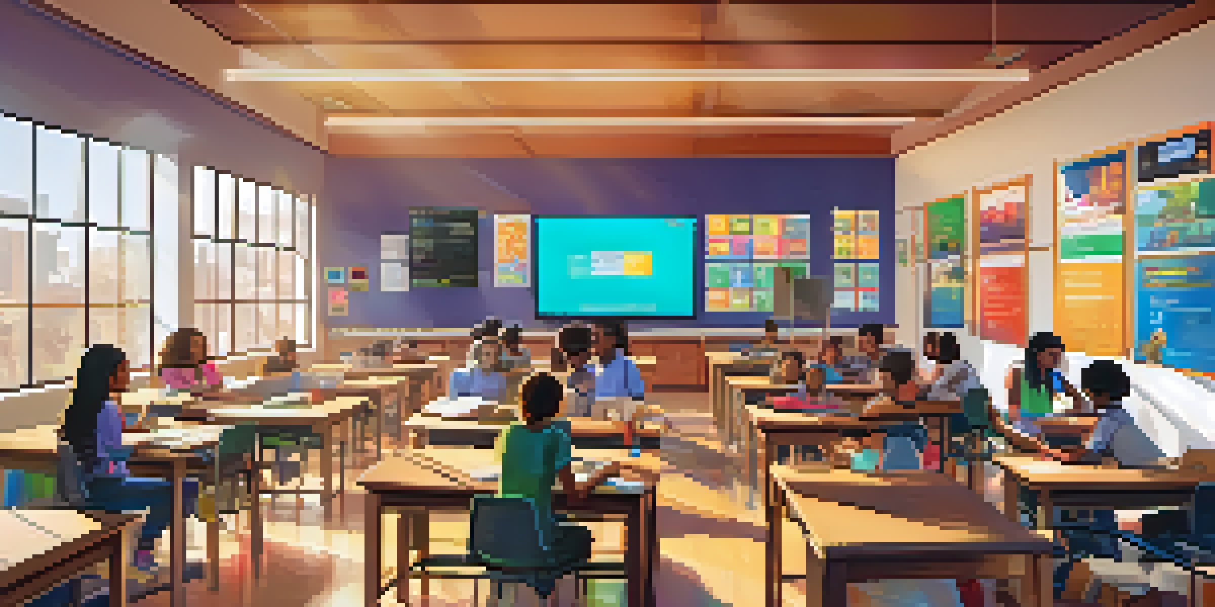 A bright classroom with students actively participating in a gamified learning activity, showcasing collaboration and technology.