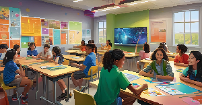 A lively classroom with students collaborating around a table, a digital leaderboard in the background, and colorful educational decor.