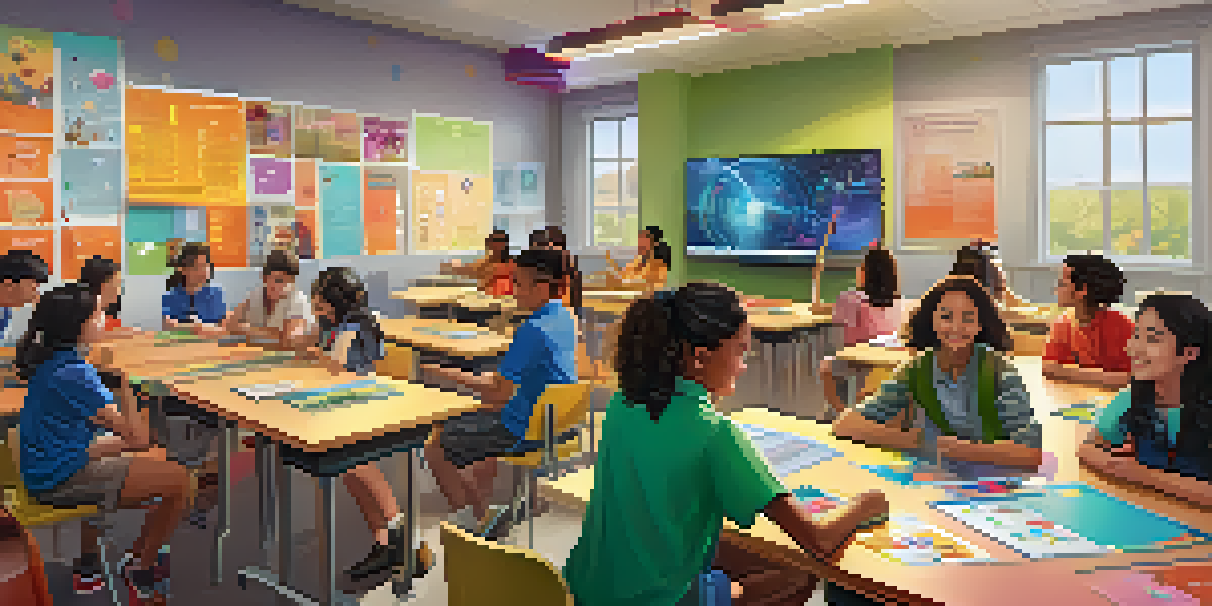 A lively classroom with students collaborating around a table, a digital leaderboard in the background, and colorful educational decor.