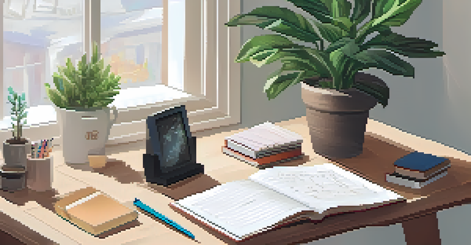 A clutter-free homework space with a notebook, colored pens, and a small plant under gentle warm lighting.
