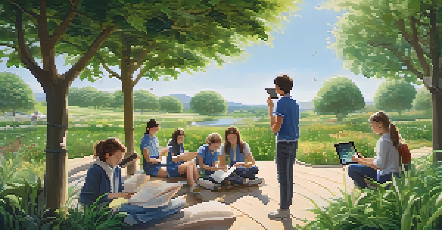 Students measuring plants and discussing in a garden while using tablets and notebooks in an outdoor learning environment.