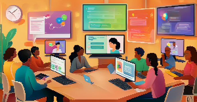 A virtual classroom with diverse participants engaging on computer screens, featuring colorful chat bubbles and interactive elements.