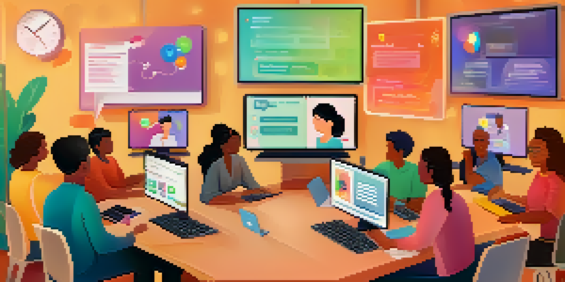 A virtual classroom with diverse participants engaging on computer screens, featuring colorful chat bubbles and interactive elements.