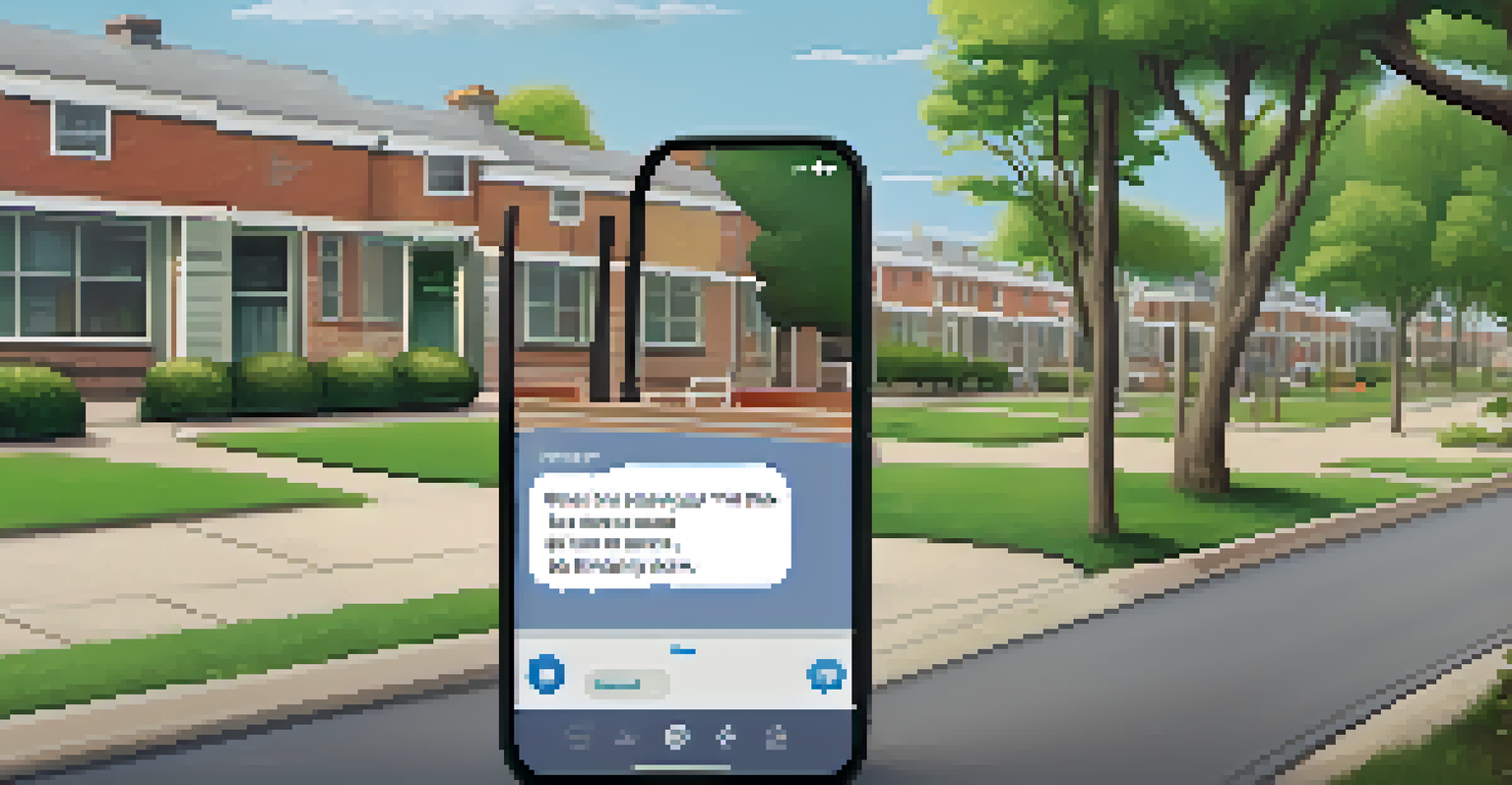A smartphone with a text message alert about a school emergency, set against a serene neighborhood background.