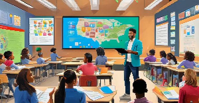 A lively classroom with students participating in a live quiz using their devices, while a teacher facilitates the session.