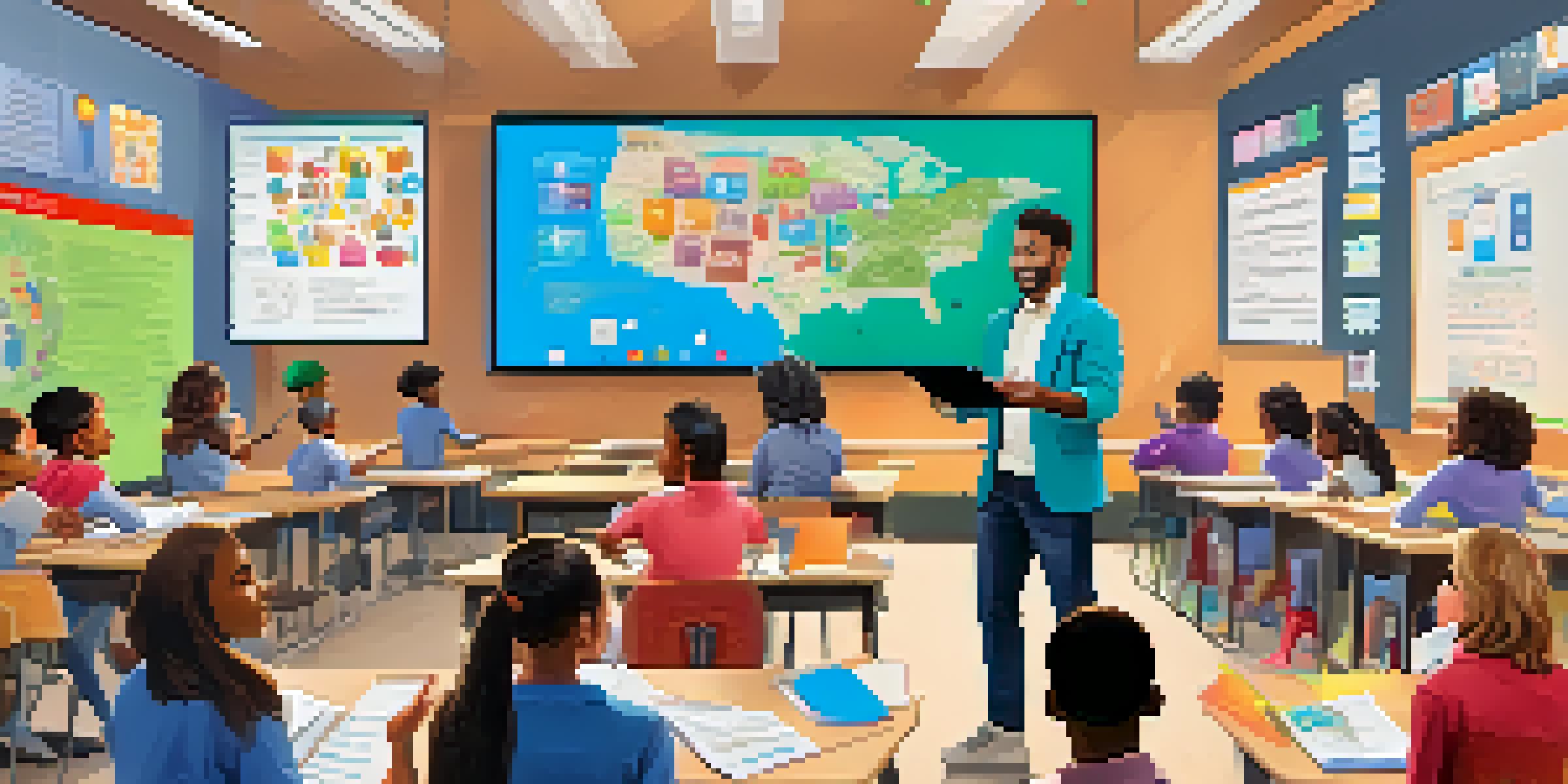 A lively classroom with students participating in a live quiz using their devices, while a teacher facilitates the session.