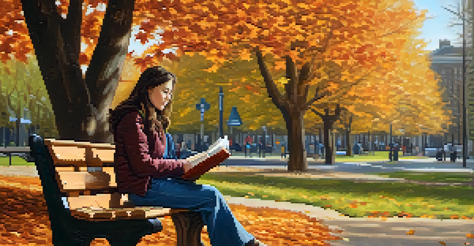 A woman reading a book on a park bench surrounded by falling autumn leaves, illustrating the freedom and enjoyment of self-directed learning.