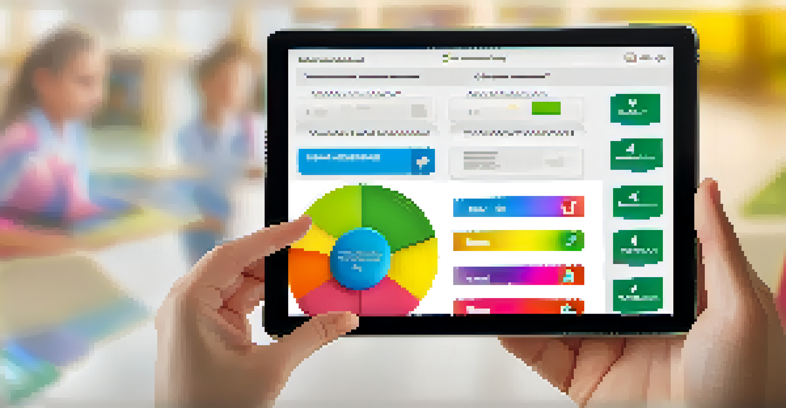 A close-up view of a tablet screen displaying a colorful and personalized adaptive assessment interface with various question types.