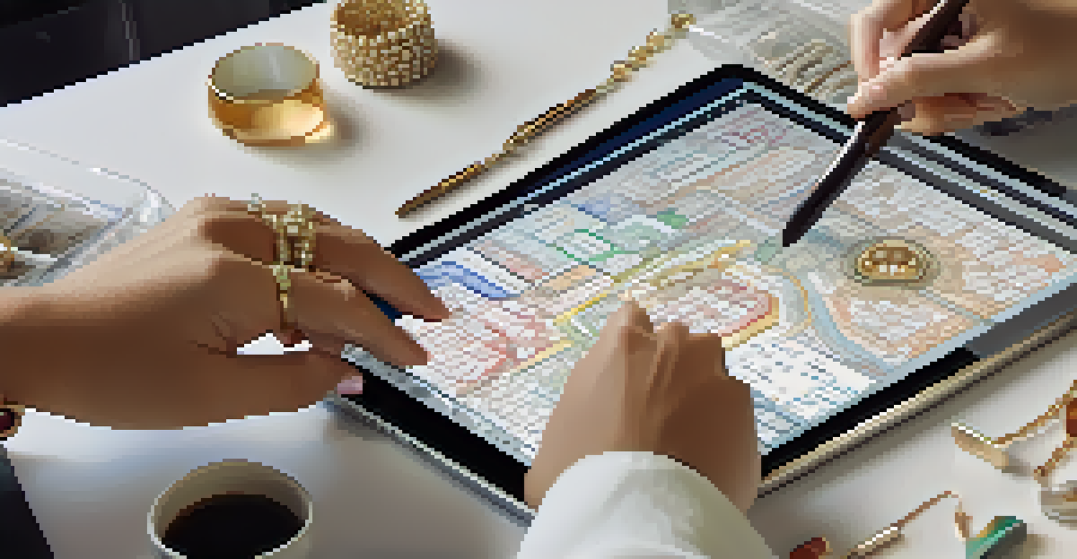 Close-up of hands from diverse individuals collaborating over a digital tablet showing a flowchart.