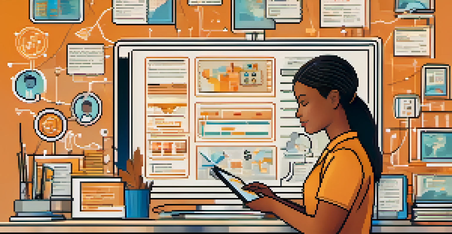 A teacher reviewing data on a tablet, surrounded by icons of data security and emotional intelligence in a warm classroom setting.