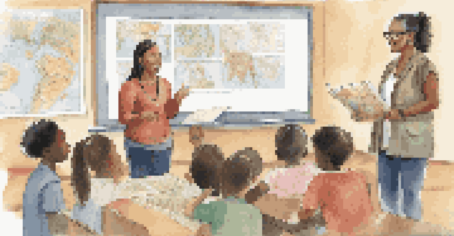 A teacher presenting diverse learning materials in a colorful classroom, surrounded by attentive students from various backgrounds.