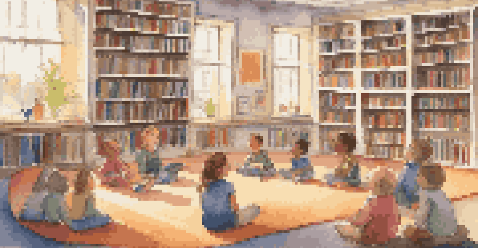 A local library with a librarian reading to young children during storytime, surrounded by colorful bookshelves and soft seating.