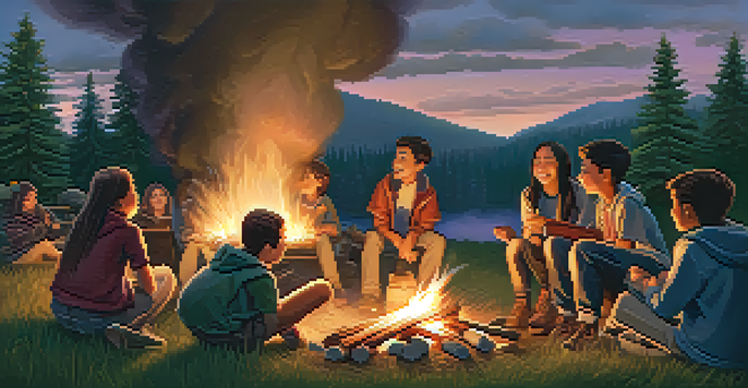 A group of students enjoying a campfire, cooking marshmallows, surrounded by nature and trees under a twilight sky.