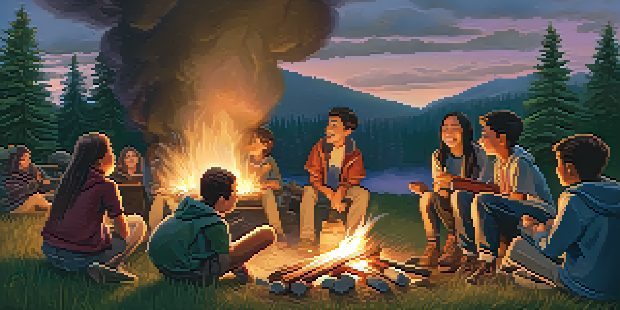 A group of students enjoying a campfire, cooking marshmallows, surrounded by nature and trees under a twilight sky.