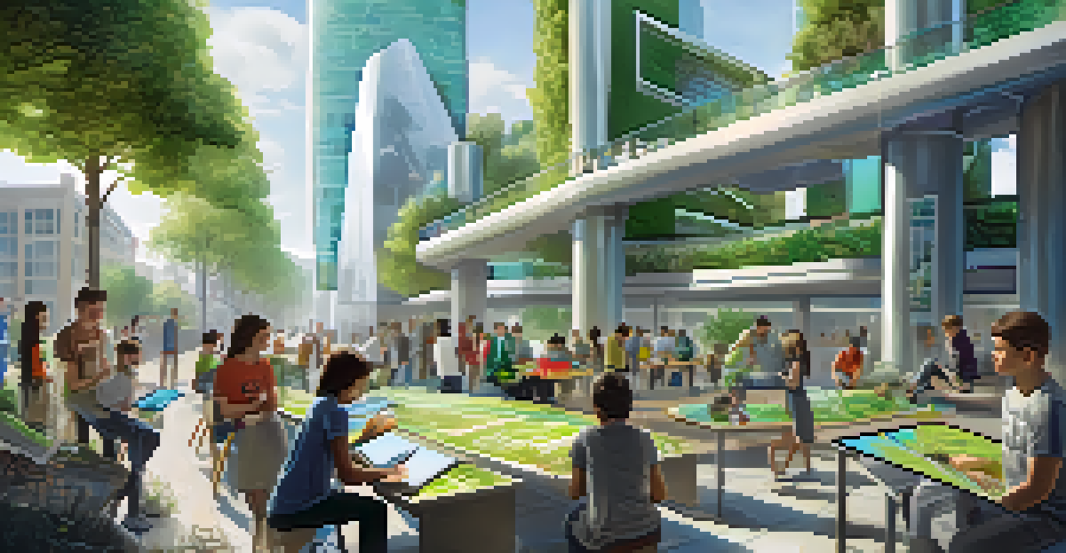 Students presenting their futuristic city designs with sustainable architecture, surrounded by green spaces and vibrant art.
