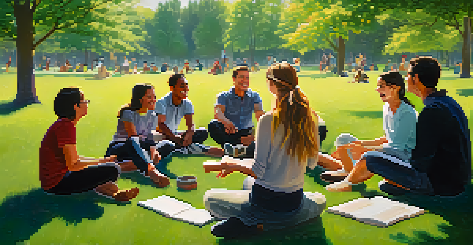 A group of people sitting in a circle in a park, engaging in discussion and using gestures.