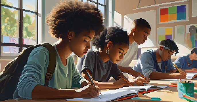 A diverse group of students working together on a project in a well-lit classroom, surrounded by notebooks and laptops.