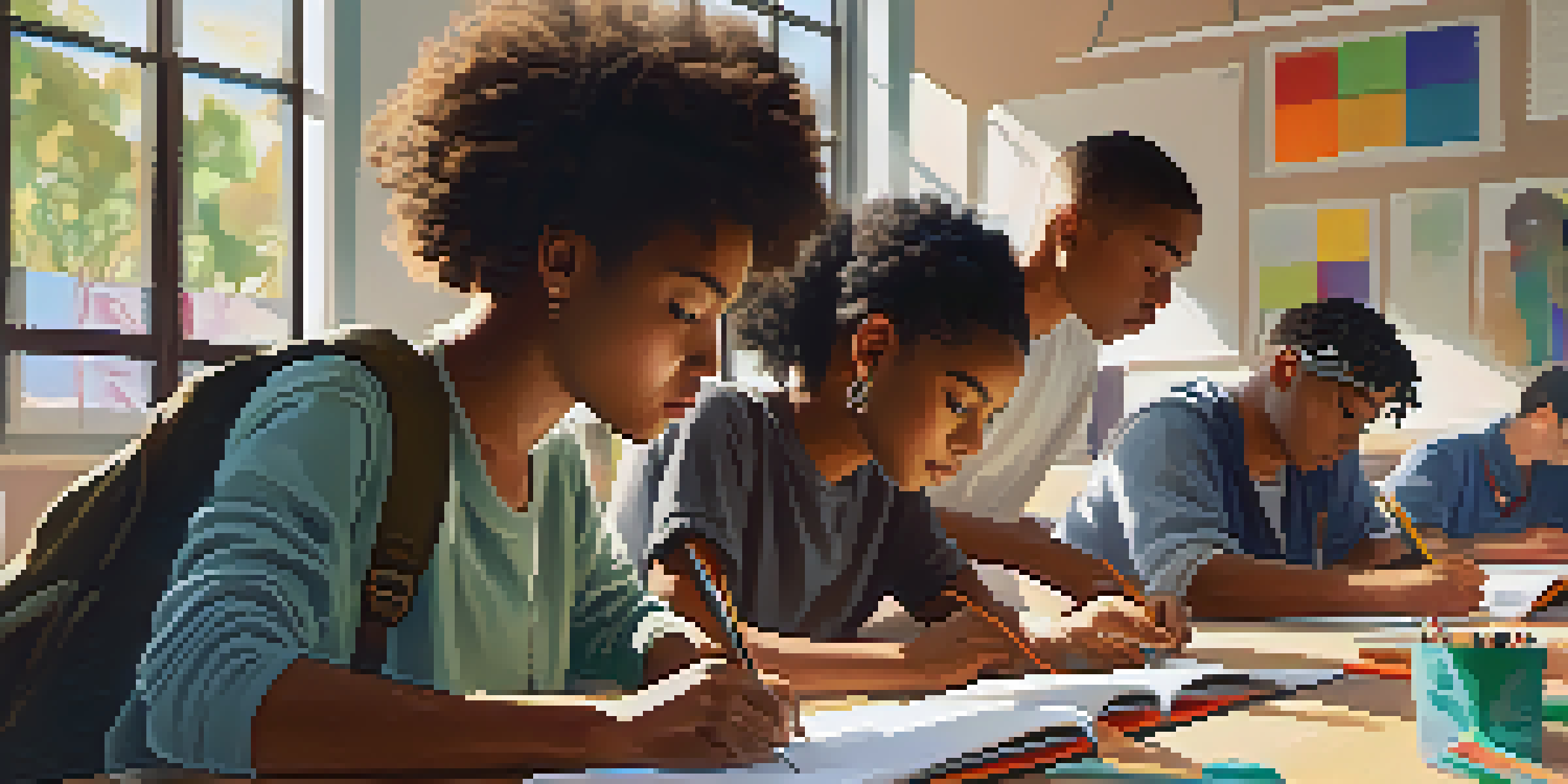 A diverse group of students working together on a project in a well-lit classroom, surrounded by notebooks and laptops.