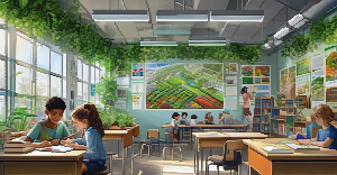 A lively classroom where diverse students work together on a sustainable garden project, with plants and educational posters around them.