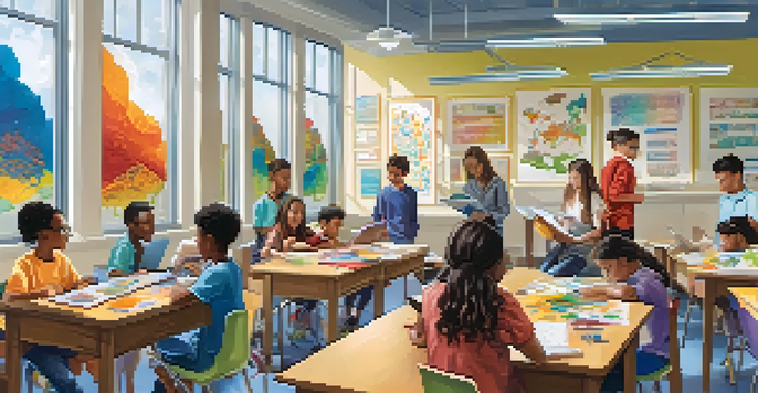 A diverse group of students working together on a project in a bright classroom filled with art supplies and technology.