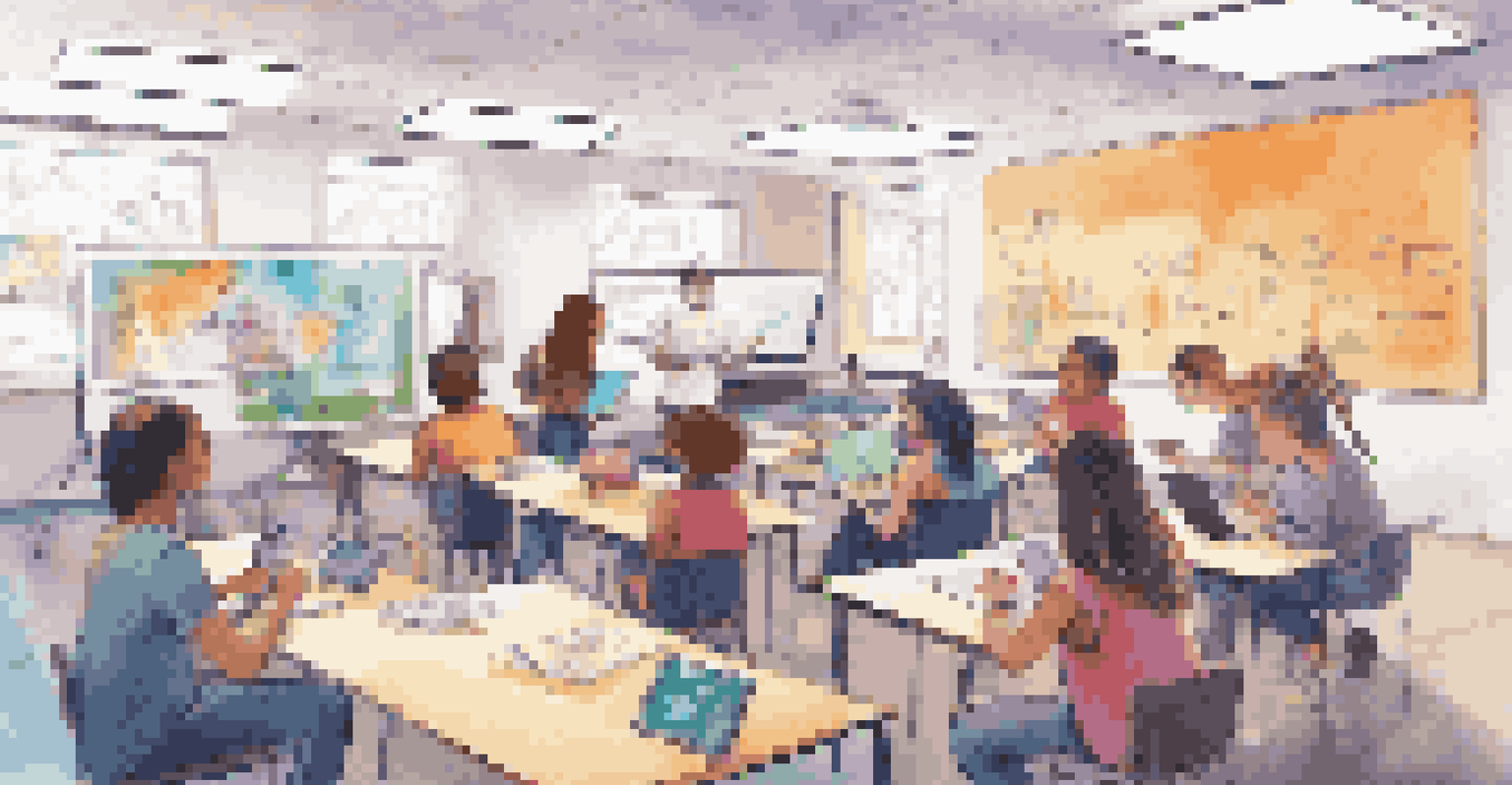 Students actively collaborating in a colorful classroom using digital devices.
