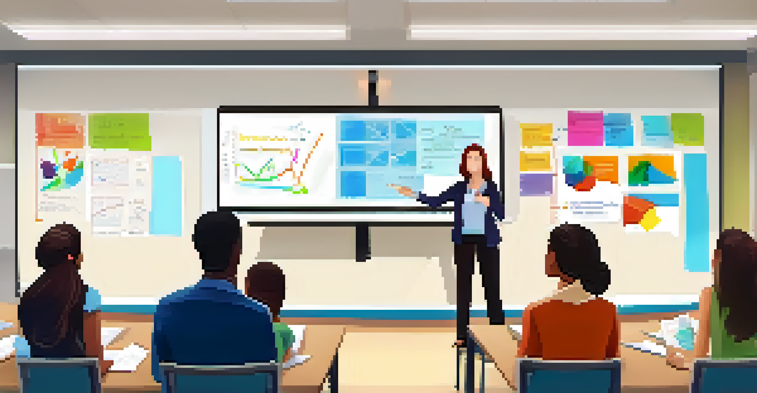 A teacher presenting innovative teaching methods in a modern classroom to a group of engaged educators.