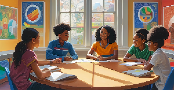 A diverse group of students in a colorful classroom engaged in a discussion with a teacher, surrounded by cultural artwork and sunlight.