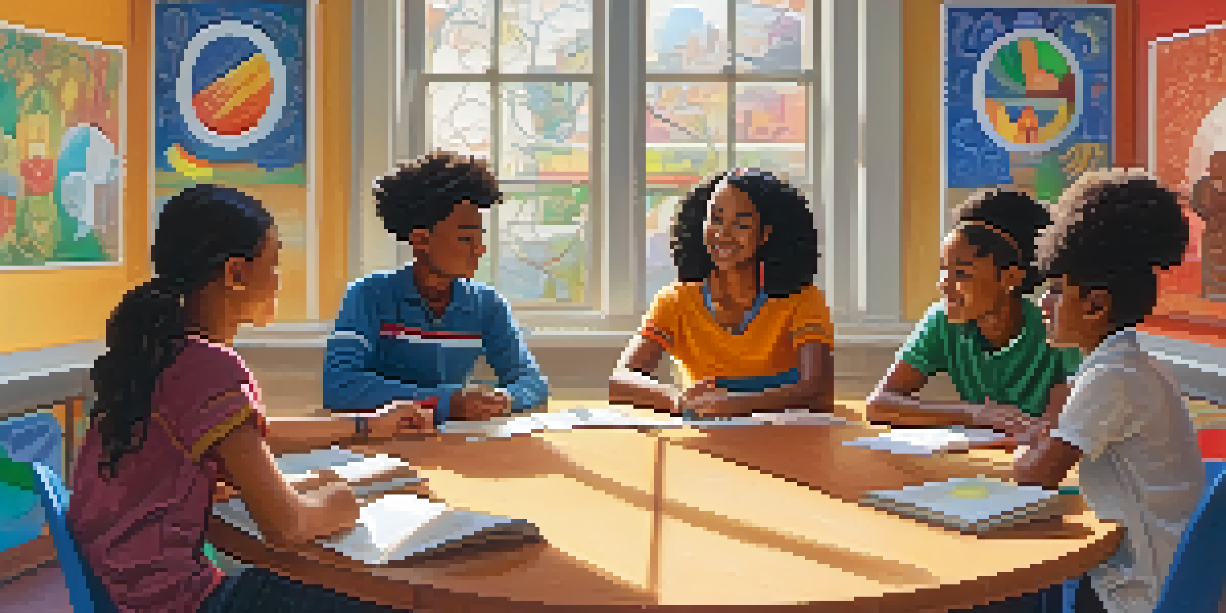 A diverse group of students in a colorful classroom engaged in a discussion with a teacher, surrounded by cultural artwork and sunlight.