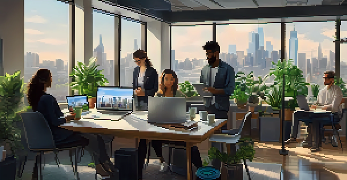 A diverse group of professionals in a bright workspace conducting a video conference, with city views and plants around them.