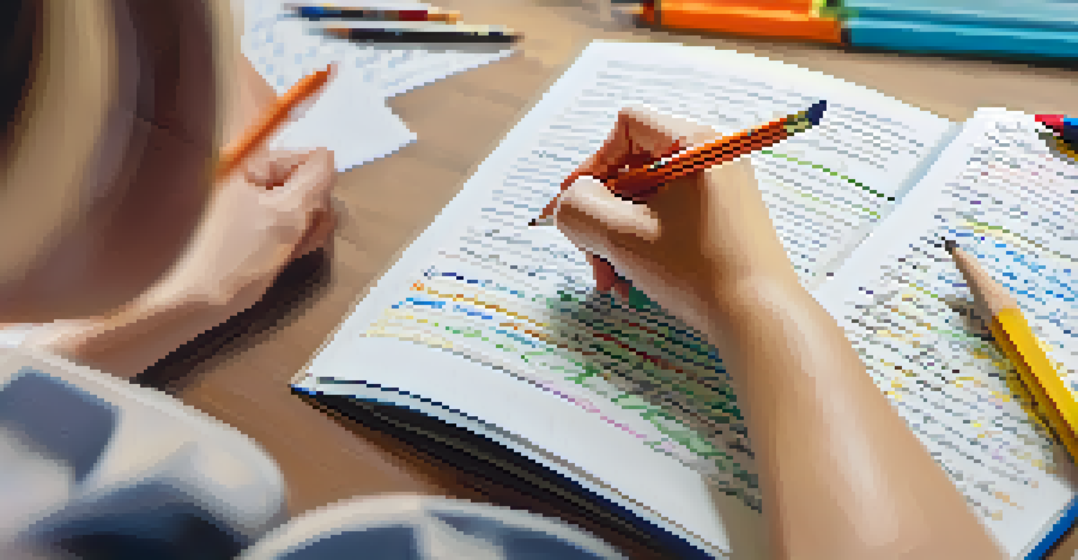 A close-up view of a student's hand writing constructive feedback on a peer's paper filled with colorful notes.