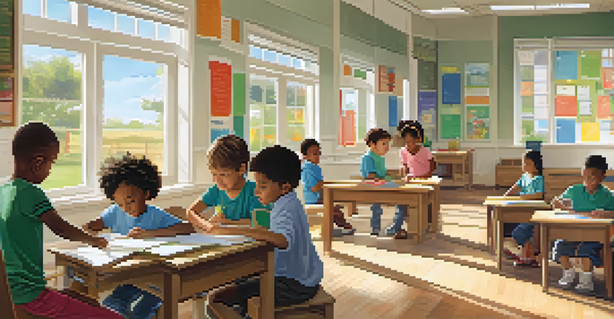 A bright classroom with diverse children working together on learning activities, illuminated by natural light.