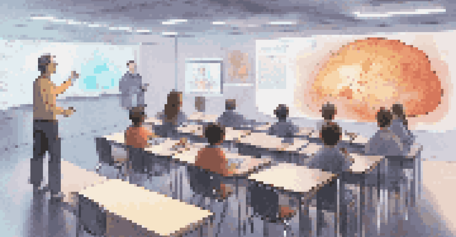 A teacher using a holographic AI tutor in a classroom, with students engaged in an interactive lesson in a high-tech setting.