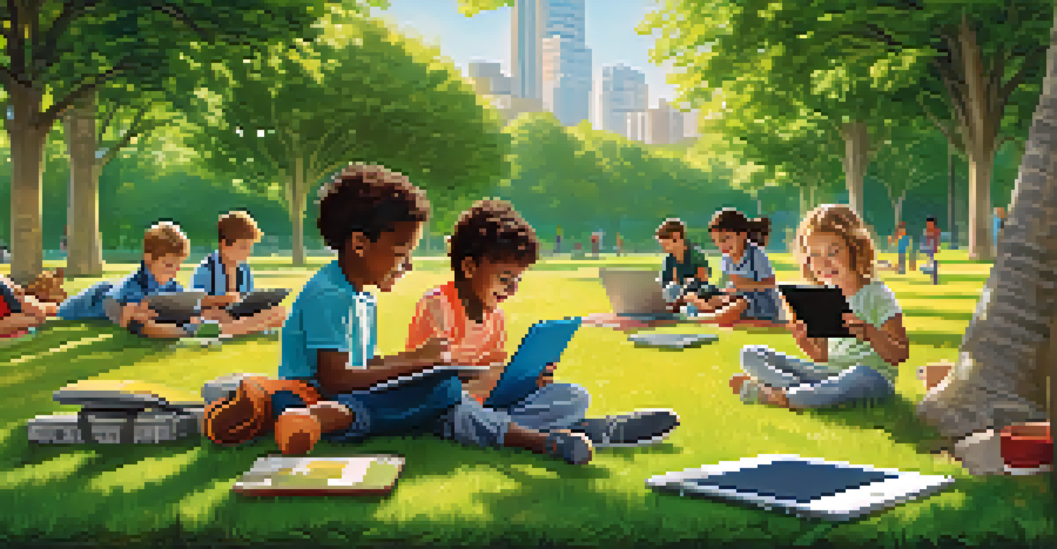 Children of diverse backgrounds happily using tablets and laptops in a sunny park, representing the joy of technology access.