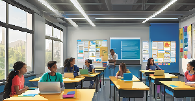 A vibrant classroom scene with students using laptops, engaged in blended learning with a mentor providing guidance.