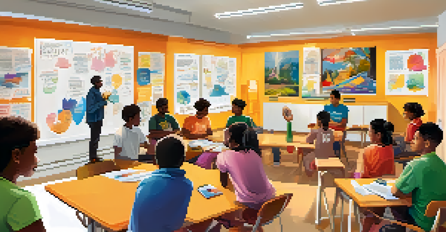 A youth-led workshop in a bright classroom, with young participants engaged in discussions and a mentor guiding them.