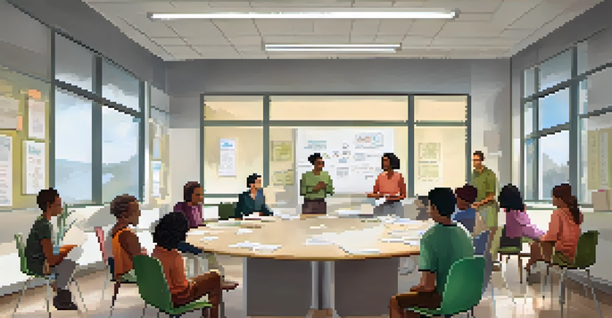 A diverse group of adult learners engaged in a lively discussion in a bright classroom, surrounded by motivational posters.