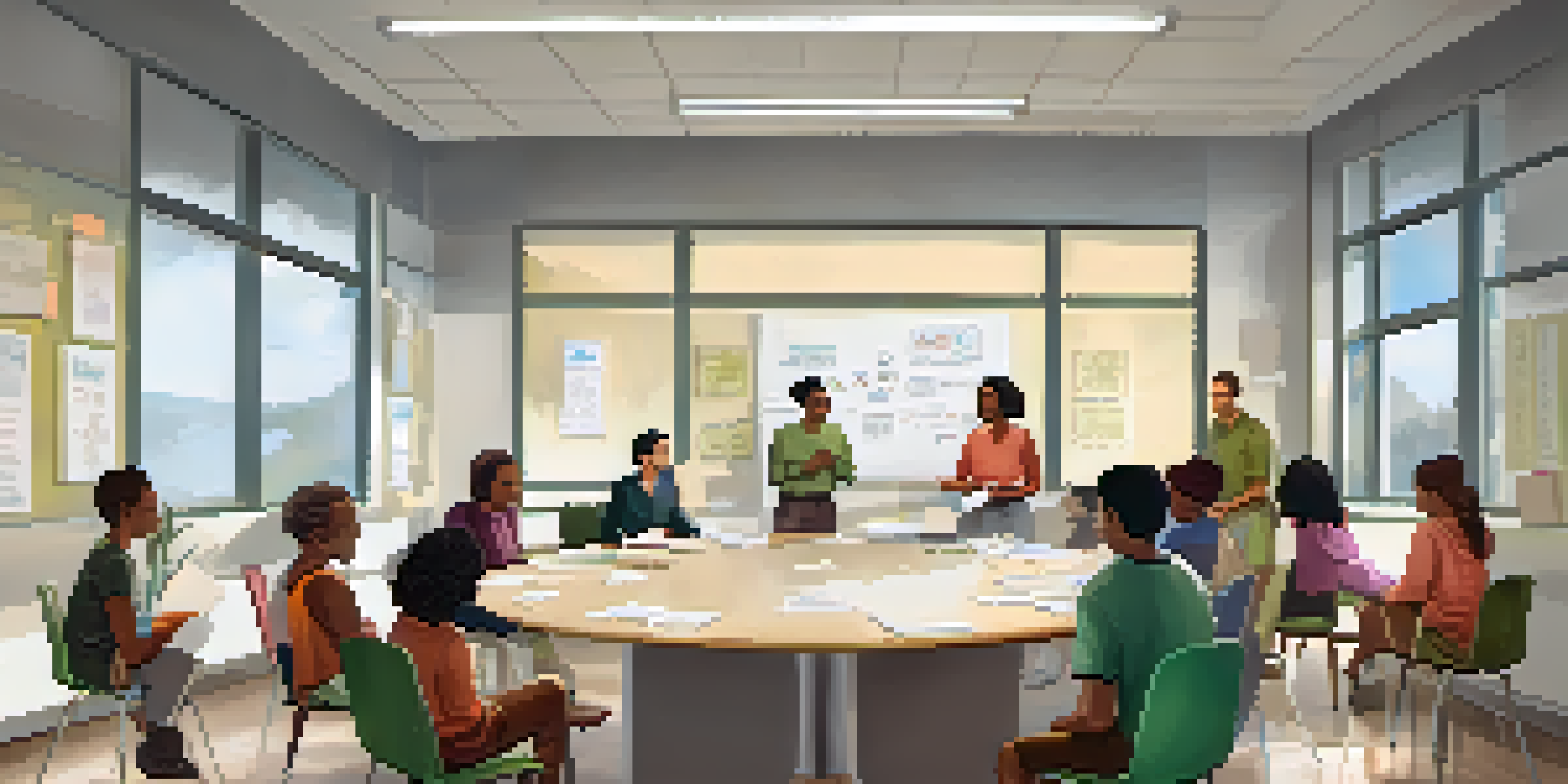 A diverse group of adult learners engaged in a lively discussion in a bright classroom, surrounded by motivational posters.