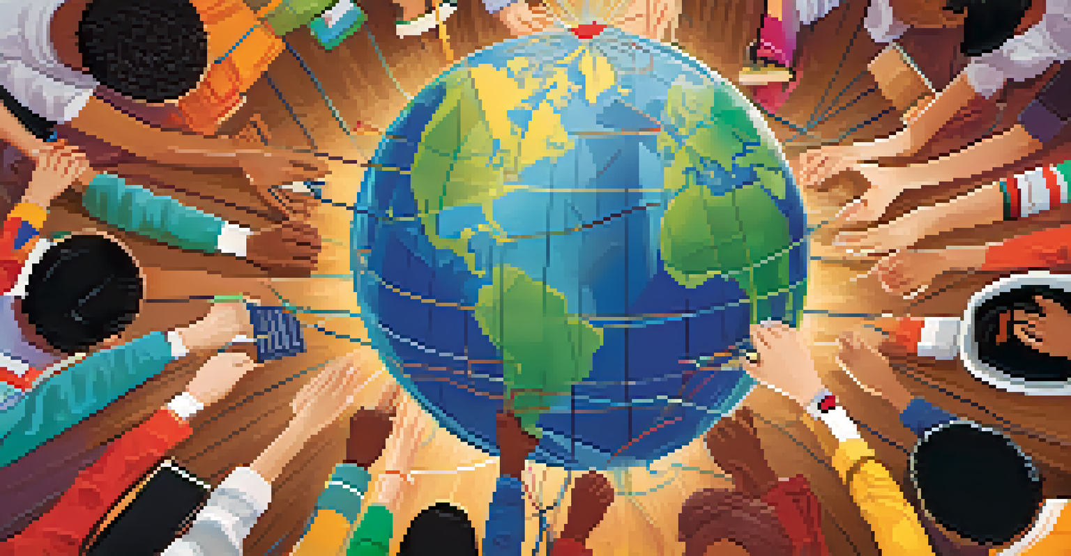 An illustration of a globe with multicultural students sharing reliable information, symbolizing global collaboration in education.