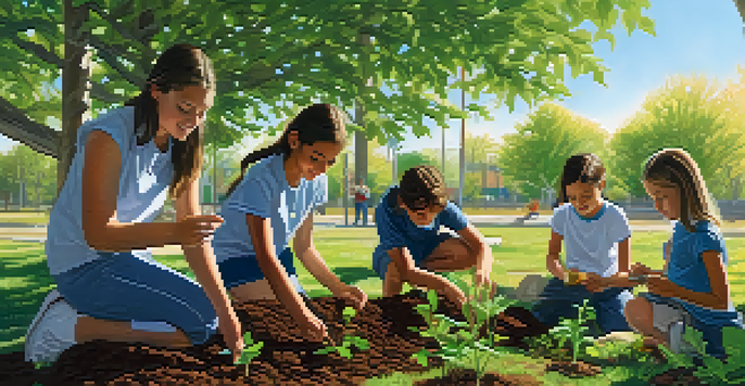 Students participating in an outdoor classroom, planting trees and studying soil in a sunny environment.