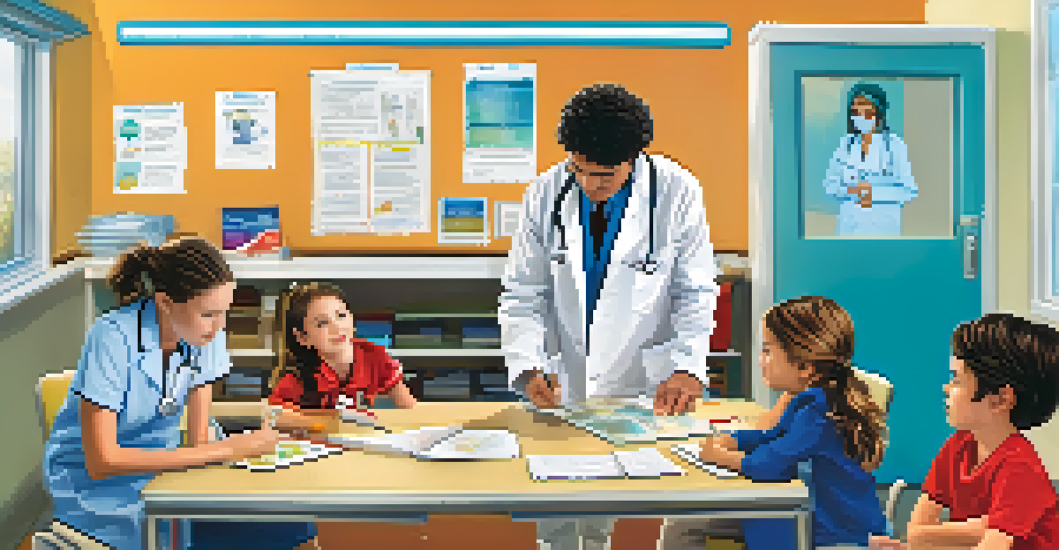 Students engaged in a healthcare role-playing simulation in a classroom, with one dressed as a doctor and another as a patient, surrounded by medical props.